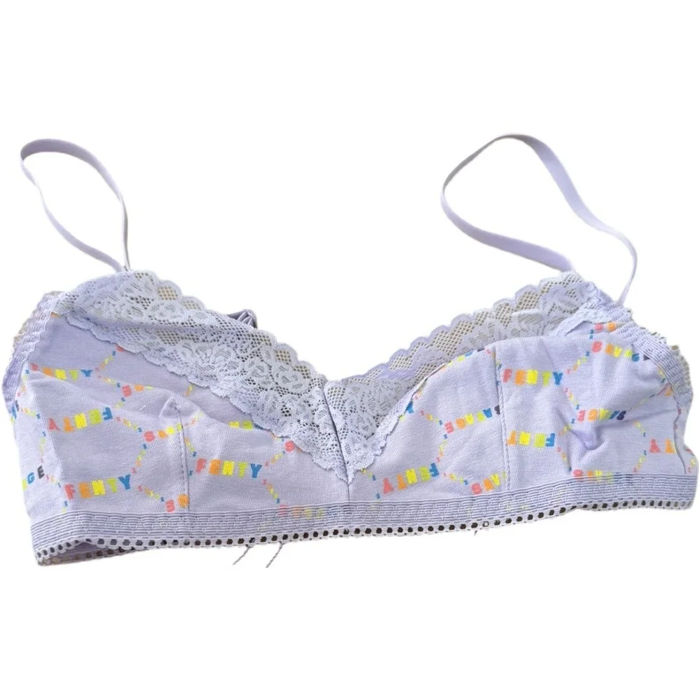 NWT Savage X Fenty Lavender Logo Print Cotton Bralette XS Lace Wireless Bra
